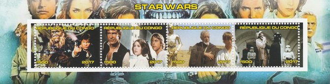 Congo 2017 Star Wars #1 perf sheetlet containing 4 values unmounted mint. Note this item is privately produced and is offered purely on its thematic appeal, stamps on star wars, stamps on films, stamps on cinema, stamps on movies, stamps on sci-fi, stamps on 