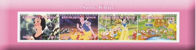 Congo 2017 Snow White perf sheetlet containing 4 values unmounted mint. Note this item is privately produced and is offered purely on its thematic appeal, stamps on , stamps on  stamps on snow white, stamps on  stamps on disney, stamps on  stamps on films, stamps on  stamps on cinema, stamps on  stamps on movies, stamps on  stamps on 