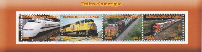 Congo 2017 Trains of America perf sheetlet containing 4 values unmounted mint. Note this item is privately produced and is offered purely on its thematic appeal, stamps on , stamps on  stamps on railways