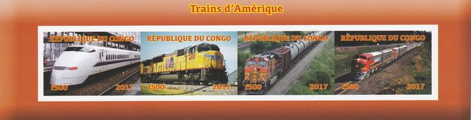 Congo 2017 Trains of America imperf sheetlet containing 4 values unmounted mint. Note this item is privately produced and is offered purely on its thematic appeal, stamps on , stamps on  stamps on railways