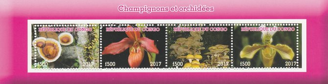 Congo 2017 Fungi & Orchids perf sheetlet containing 4 values unmounted mint. Note this item is privately produced and is offered purely on its thematic appeal, stamps on , stamps on  stamps on fungi, stamps on  stamps on flowers, stamps on  stamps on orchids