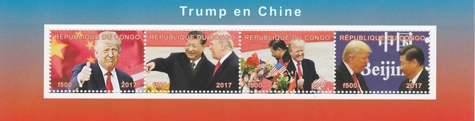 Congo 2017 Donald Trump in China perf sheetlet containing 4 values unmounted mint. Note this item is privately produced and is offered purely on its thematic appeal, stamps on personalities, stamps on trump, stamps on usa presidents