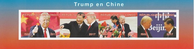 Congo 2017 Donald Trump in China imperf sheetlet containing 4 values unmounted mint. Note this item is privately produced and is offered purely on its thematic appeal, stamps on , stamps on  stamps on personalities, stamps on  stamps on trump, stamps on  stamps on usa presidents