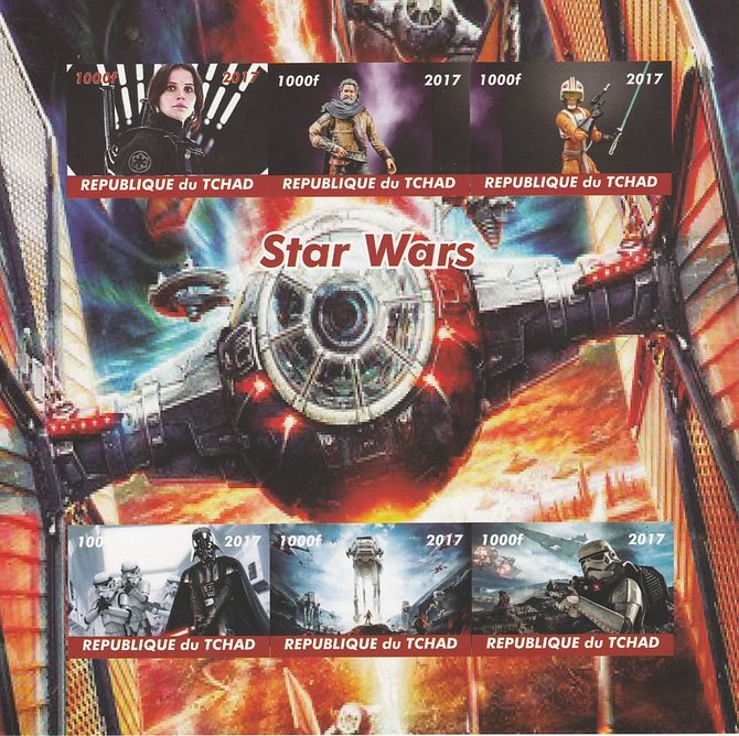 Chad 2017 Star Wars imperf sheetlet containing 6 values unmounted mint. Note this item is privately produced and is offered purely on its thematic appeal. . , stamps on films, stamps on cinema, stamps on movies, stamps on sci-fi, stamps on star wars