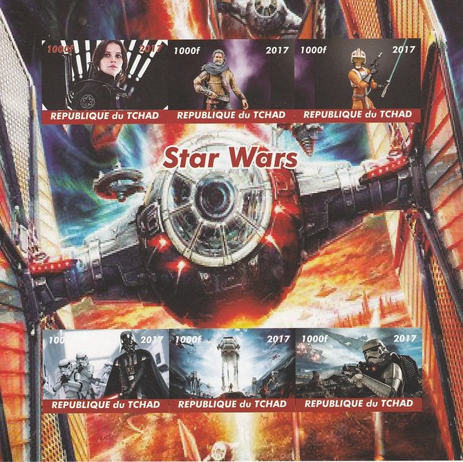 Chad 2017 Star Wars imperf sheetlet containing 6 values unmounted mint. Note this item is privately produced and is offered purely on its thematic appeal. . , stamps on , stamps on  stamps on films, stamps on  stamps on cinema, stamps on  stamps on movies, stamps on  stamps on sci-fi, stamps on  stamps on star wars