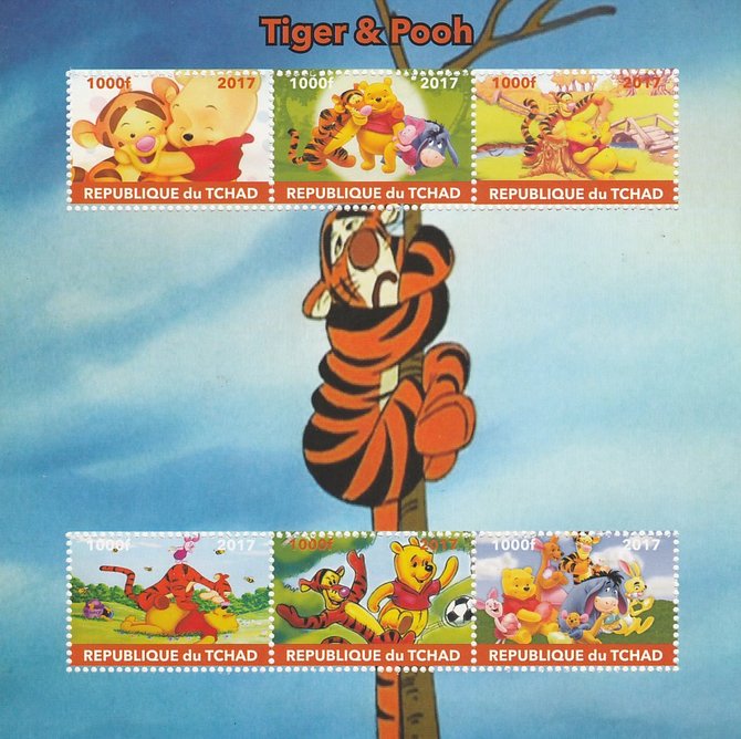 Chad 2017 Disneys Tigger & Pooh perf sheetlet containing 6 values unmounted mint. Note this item is privately produced and is offered purely on its thematic appeal. . , stamps on films, stamps on cinema, stamps on movies, stamps on disney, stamps on bears