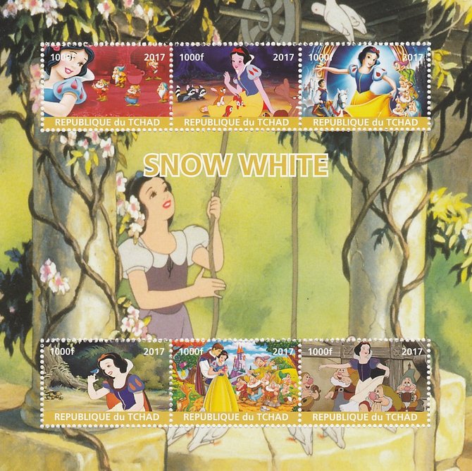 Chad 2017 Disney's Snow White perf sheetlet containing 6 values unmounted mint. Note this item is privately produced and is offered purely on its thematic appeal. . , stamps on films, stamps on cinema, stamps on movies, stamps on disney, stamps on snow white