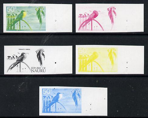 Nauru 1973 Frigate bird 50c definitive (SG 111) set of 5 unmounted mint IMPERF progressive proofs on gummed paper (blue, magenta, yelow, black and blue & yellow), stamps on birds