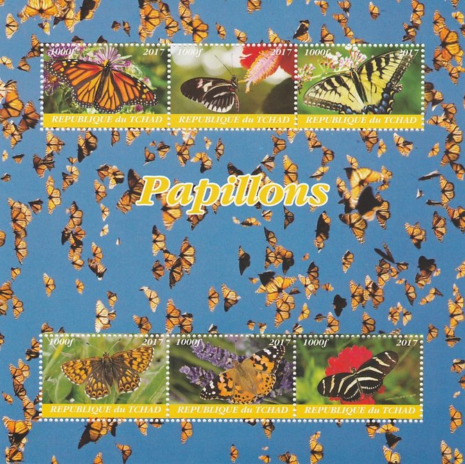 Chad 2017 Butterflies perf sheetlet containing 6 values unmounted mint. Note this item is privately produced and is offered purely on its thematic appeal. . , stamps on , stamps on  stamps on butterflies