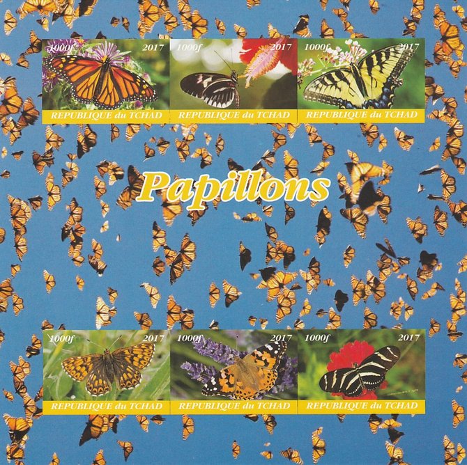 Chad 2017 Butterflies imperf sheetlet containing 6 values unmounted mint. Note this item is privately produced and is offered purely on its thematic appeal. . , stamps on butterflies