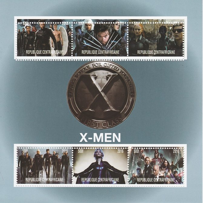 Central African Republic 2016 X-Men #2 perf sheetlet containing 6 values unmounted mint. Note this item is privately produced and is offered purely on its thematic appeal, stamps on , stamps on  stamps on films, stamps on  stamps on movies, stamps on  stamps on cinema, stamps on  stamps on sci-fi