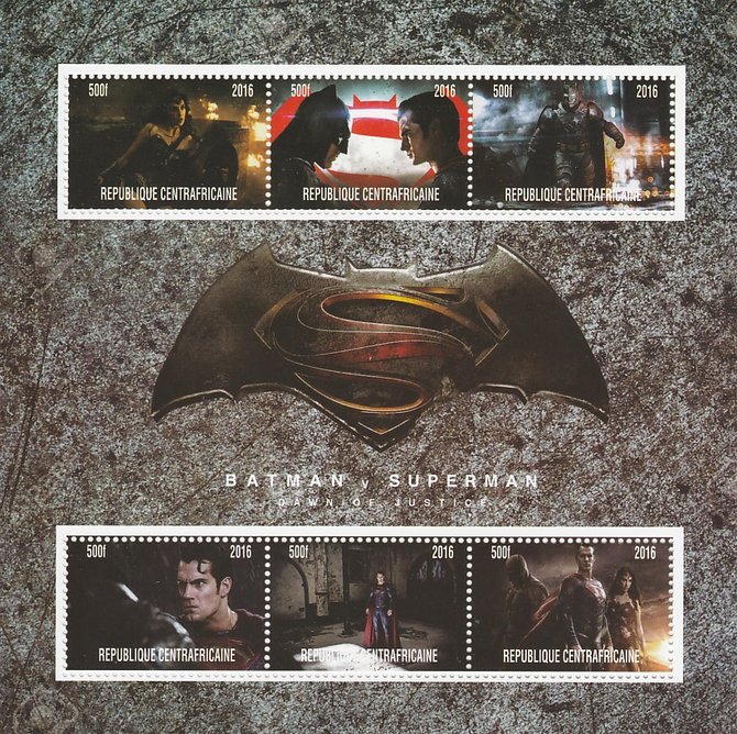 Central African Republic 2016 Batman v Superman #2 perf sheetlet containing 6 values unmounted mint. Note this item is privately produced and is offered purely on its the..., stamps on films, stamps on movies, stamps on cinema, stamps on sci-fi