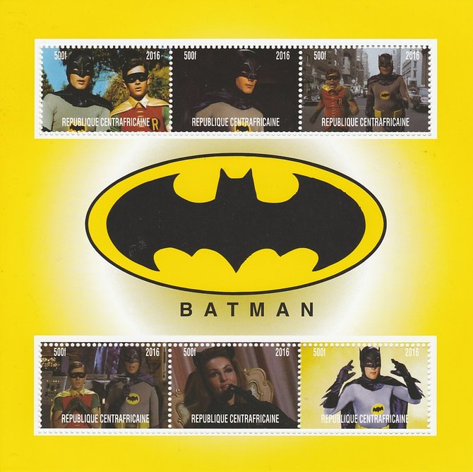 Central African Republic 2016 Batman perf sheetlet containing 6 values unmounted mint. Note this item is privately produced and is offered purely on its thematic appeal, stamps on , stamps on  stamps on films, stamps on  stamps on movies, stamps on  stamps on cinema, stamps on  stamps on sci-fi