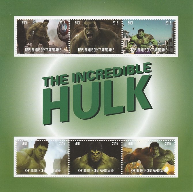 Central African Republic 2016 The Incredible Hulk perf sheetlet containing 6 values unmounted mint. Note this item is privately produced and is offered purely on its thematic appeal, stamps on films, stamps on movies, stamps on cinema, stamps on sci-fi