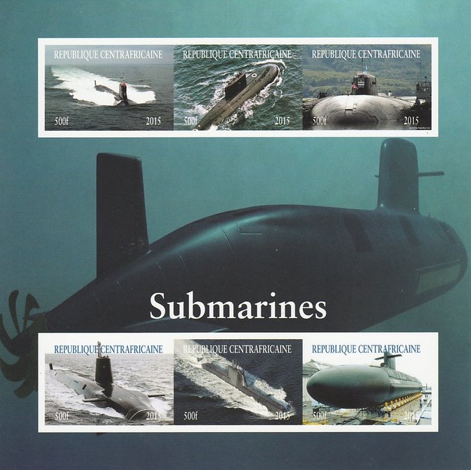 Central African Republic 2015 Submarines imperf sheetlet containing 6 values unmounted mint. Note this item is privately produced and is offered purely on its thematic appeal, stamps on ships, stamps on submarines