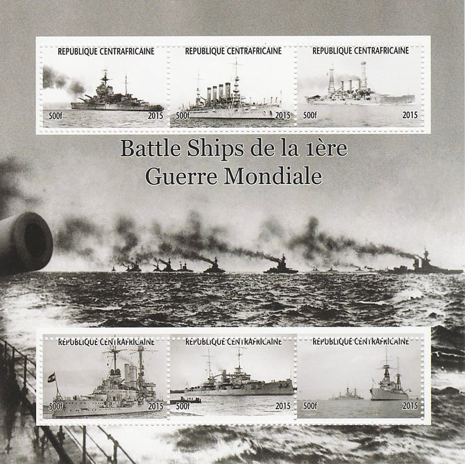 Central African Republic 2015 Battle Ships of WW1 perf sheetlet containing 6 values unmounted mint. Note this item is privately produced and is offered purely on its thematic appeal, stamps on , stamps on  stamps on ships, stamps on  stamps on  ww1 , stamps on  stamps on 