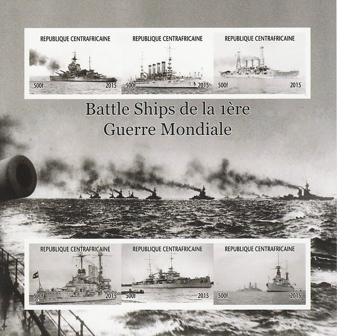 Central African Republic 2015 Battle Ships of WW1 imperf sheetlet containing 6 values unmounted mint. Note this item is privately produced and is offered purely on its th..., stamps on ships, stamps on  ww1 , stamps on 