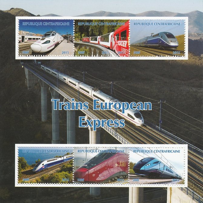 Central African Republic 2015 Express Trains of Europe #2 perf sheetlet containing 6 values unmounted mint. Note this item is privately produced and is offered purely on ..., stamps on railways, stamps on 