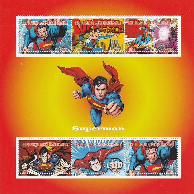 Central African Republic 2015 Superman perf sheetlet containing 6 values unmounted mint. Note this item is privately produced and is offered purely on its thematic appeal, stamps on , stamps on  stamps on films, stamps on  stamps on cinema, stamps on  stamps on movies, stamps on  stamps on  tv , stamps on  stamps on sci-fi, stamps on  stamps on superman