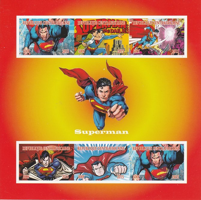 Central African Republic 2015 Superman imperf sheetlet containing 6 values unmounted mint. Note this item is privately produced and is offered purely on its thematic appeal, stamps on , stamps on  stamps on films, stamps on  stamps on cinema, stamps on  stamps on movies, stamps on  stamps on  tv , stamps on  stamps on sci-fi, stamps on  stamps on superman