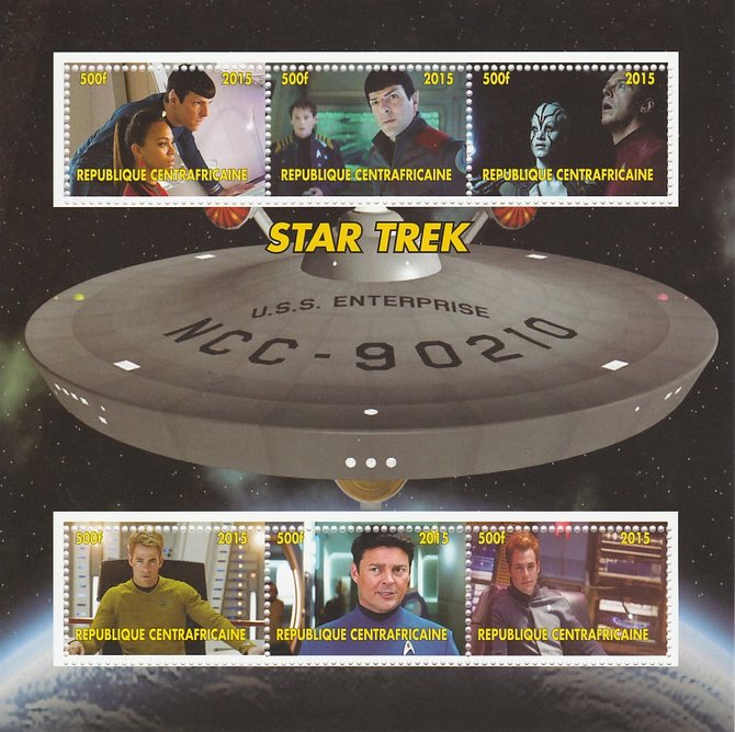 Central African Republic 2015 Star Trek #1 perf sheetlet containing 6 values unmounted mint. Note this item is privately produced and is offered purely on its thematic ap..., stamps on films, stamps on cinema, stamps on movies, stamps on  tv , stamps on sci-fi, stamps on star trek