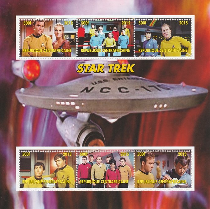 Central African Republic 2015 Star Trek #2 perf sheetlet containing 6 values unmounted mint. Note this item is privately produced and is offered purely on its thematic appeal, stamps on , stamps on  stamps on films, stamps on  stamps on cinema, stamps on  stamps on movies, stamps on  stamps on  tv , stamps on  stamps on sci-fi, stamps on  stamps on star trek