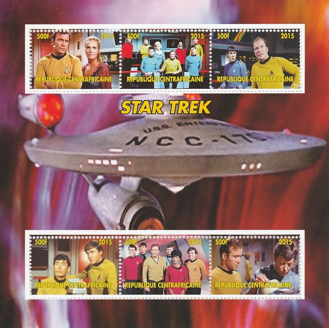 Central African Republic 2015 Star Trek #2 perf sheetlet containing 6 values unmounted mint. Note this item is privately produced and is offered purely on its thematic ap...