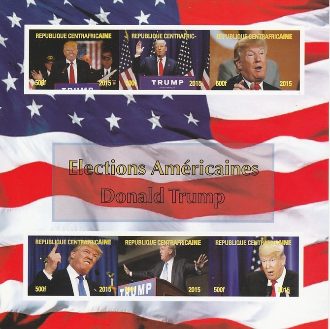 Central African Republic 2015 US Elections - Donald Trump imperf sheetlet containing 6 values unmounted mint. Note this item is privately produced and is offered purely on its thematic appeal, stamps on , stamps on  stamps on usa presidents, stamps on  stamps on americana, stamps on  stamps on trump, stamps on  stamps on flags