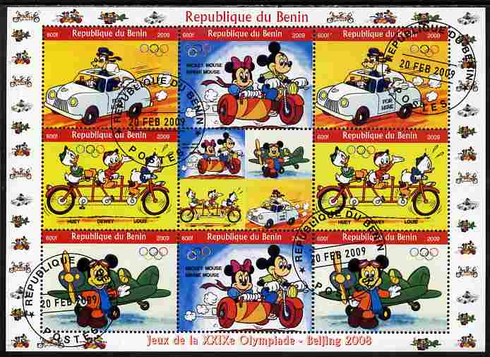 Benin 2009 Beijing Olympics #3 - Disney Characters (Transport) perf sheetlet containing 8 values plus label fine cto used, stamps on , stamps on  stamps on olympics, stamps on  stamps on disney, stamps on  stamps on transport, stamps on  stamps on aviation, stamps on  stamps on bicycles, stamps on  stamps on cars, stamps on  stamps on motorbikes