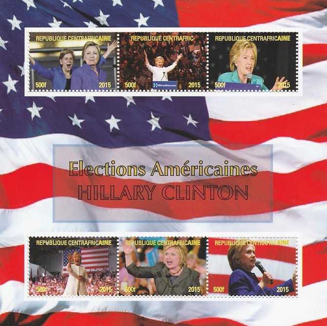 Central African Republic 2015 US Elections - Hillary Clinton perf sheetlet containing 6 values unmounted mint. Note this item is privately produced and is offered purely on its thematic appeal, stamps on usa presidents, stamps on americana, stamps on clinton, stamps on flags