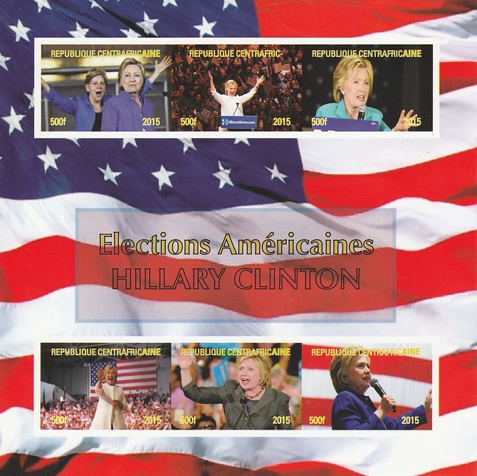 Central African Republic 2015 US Elections - Hillary Clinton imperf sheetlet containing 6 values unmounted mint. Note this item is privately produced and is offered purely on its thematic appeal, stamps on , stamps on  stamps on usa presidents, stamps on  stamps on americana, stamps on  stamps on clinton, stamps on  stamps on flags