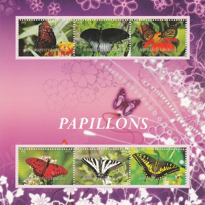 Central African Republic 2015 Butterflies perf sheetlet containing 6 values unmounted mint. Note this item is privately produced and is offered purely on its thematic app..., stamps on butterflies