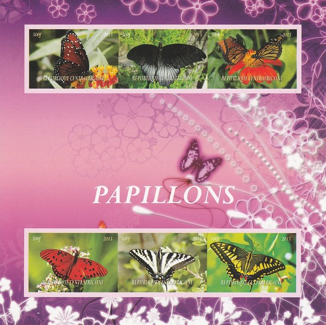 Central African Republic 2015 Butterflies imperf sheetlet containing 6 values unmounted mint. Note this item is privately produced and is offered purely on its thematic a..., stamps on butterflies