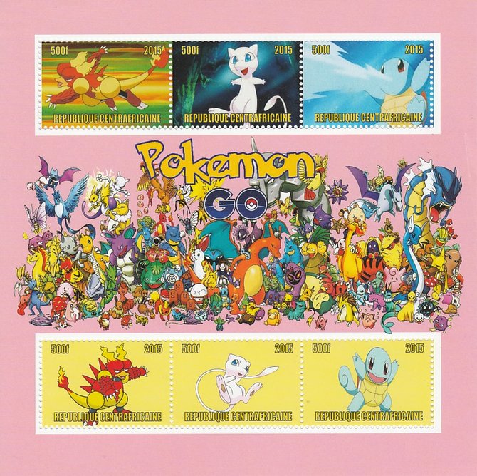 Central African Republic 2015 Pokemon #1 (pink background) perf sheetlet containing 6 values unmounted mint. Note this item is privately produced and is offered purely on its thematic appeal, stamps on , stamps on  stamps on films, stamps on  stamps on movies, stamps on  stamps on cinema, stamps on  stamps on pokemon