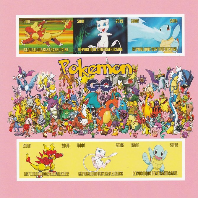 Central African Republic 2015 Pokemon #1 (pink background imperf sheetlet containing 6 values unmounted mint. Note this item is privately produced and is offered purely on its thematic appeal, stamps on , stamps on  stamps on films, stamps on  stamps on movies, stamps on  stamps on cinema, stamps on  stamps on pokemon