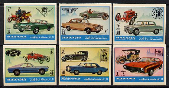 Manama 1972 Cars (Past & Present) imperf set of 6 unmounted mint, Mi 952-57, stamps on , stamps on  stamps on cars, stamps on  stamps on rolls royce, stamps on  stamps on ford, stamps on  stamps on bentley, stamps on  stamps on alfa-romeo