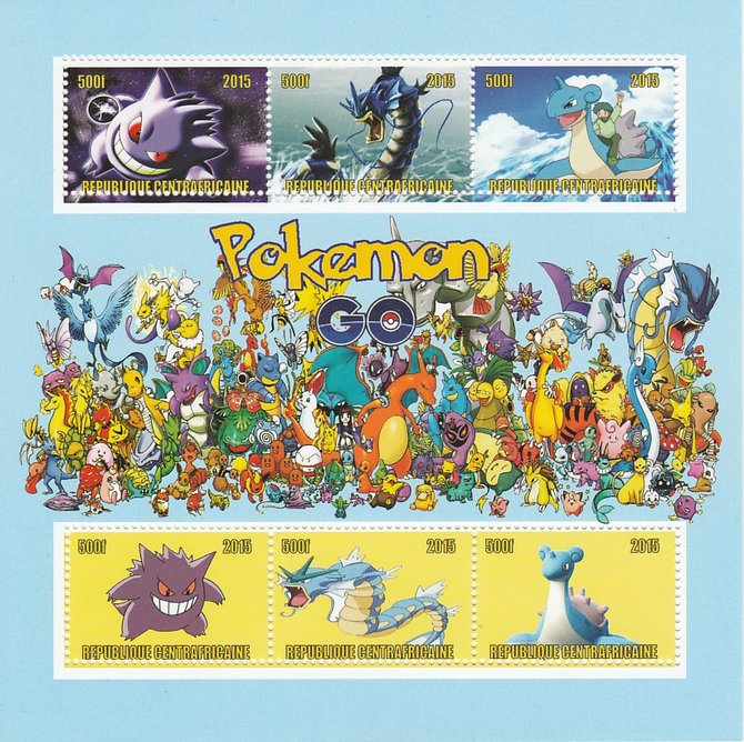 Central African Republic 2015 Pokemon #3 (blue background) perf sheetlet containing 6 values unmounted mint. Note this item is privately produced and is offered purely on..., stamps on films, stamps on movies, stamps on cinema, stamps on pokemon