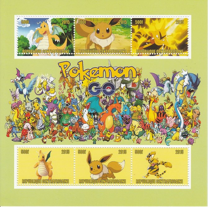 Central African Republic 2015 Pokemon #4 (green background) perf sheetlet containing 6 values unmounted mint. Note this item is privately produced and is offered purely on its thematic appeal, stamps on films, stamps on movies, stamps on cinema, stamps on pokemon
