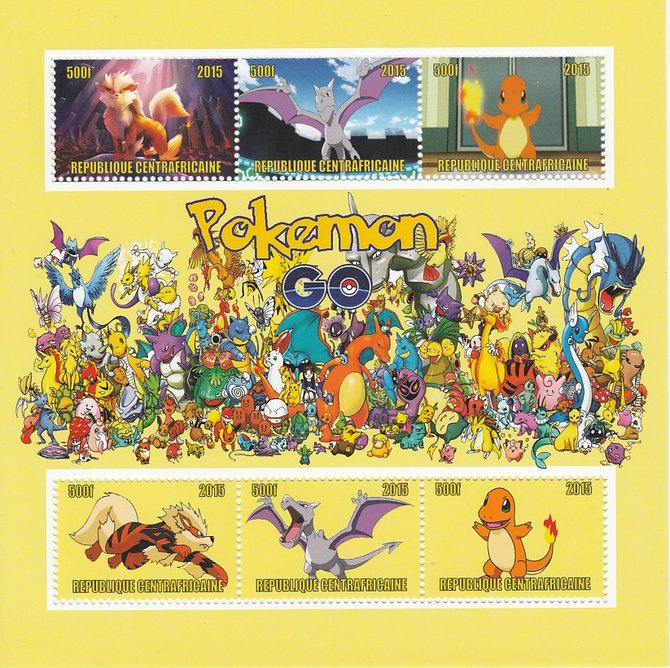 Central African Republic 2015 Pokemon #5 (yellow background) perf sheetlet containing 6 values unmounted mint. Note this item is privately produced and is offered purely ..., stamps on films, stamps on movies, stamps on cinema, stamps on pokemon