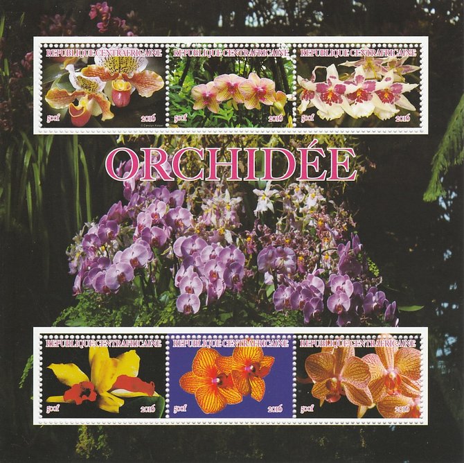 Central African Republic 2016 Orchids perf sheetlet containing 6 values unmounted mint. Note this item is privately produced and is offered purely on its thematic appeal, stamps on , stamps on  stamps on flowers, stamps on  stamps on orchids