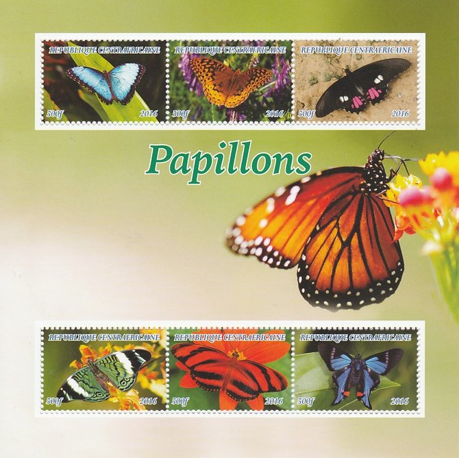 Central African Republic 2016 Butterflies perf sheetlet containing 6 values unmounted mint. Note this item is privately produced and is offered purely on its thematic appeal, stamps on butterflies