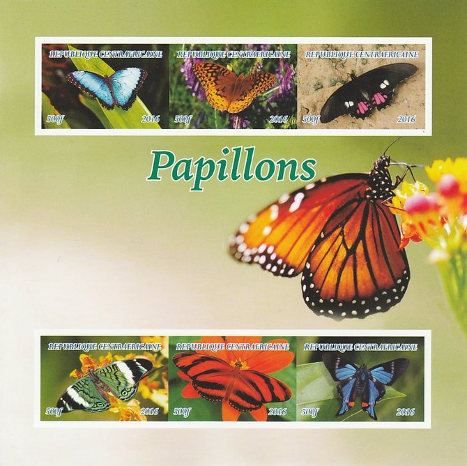 Central African Republic 2016 Butterflies imperf sheetlet containing 6 values unmounted mint. Note this item is privately produced and is offered purely on its thematic a..., stamps on butterflies