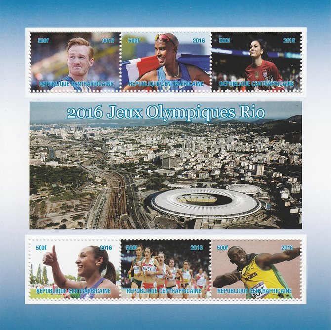 Central African Republic 2016 Rio Olympics perf sheetlet containing 6 values unmounted mint. Note this item is privately produced and is offered purely on its thematic appeal, stamps on , stamps on  stamps on olympics, stamps on  stamps on athletics