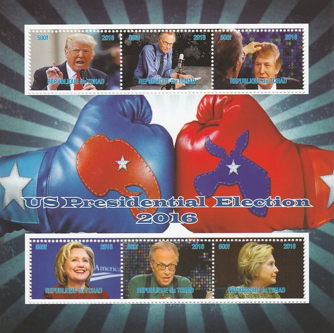 Chad 2016 US Presidential Elections perf sheetlet containing 6 values unmounted mint. Note this item is privately produced and is offered purely on its thematic appeal. . , stamps on , stamps on  stamps on personalities, stamps on  stamps on constitutions, stamps on  stamps on trump, stamps on  stamps on usa presidents