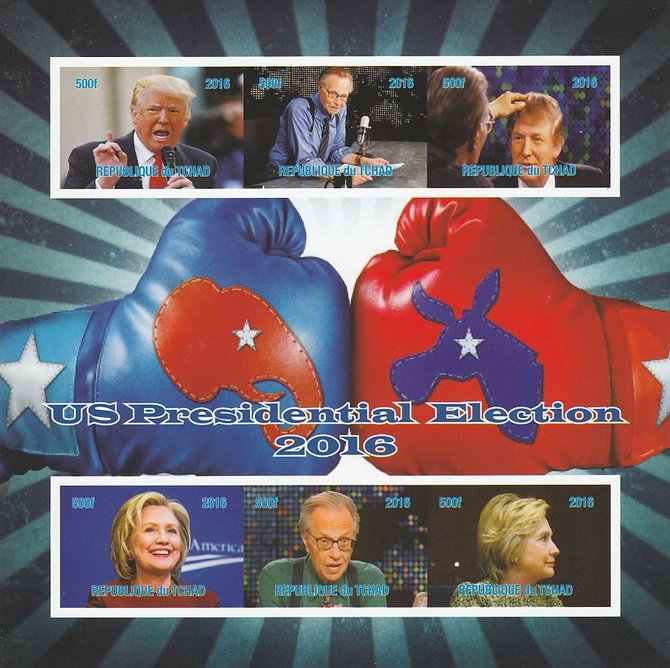 Chad 2016 US Presidential Elections imperf sheetlet containing 6 values unmounted mint. Note this item is privately produced and is offered purely on its thematic appeal. . , stamps on personalities, stamps on constitutions, stamps on trump, stamps on usa presidents