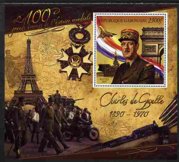 Gabon 2010-12 Greatest Personalities in World History - Charles de Gaulle large perf s/sheet unmounted mint, stamps on personalities, stamps on de gaulle, stamps on constitutions, stamps on  ww2 , stamps on eiffel tower, stamps on militaria