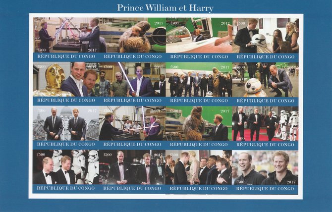 Congo 2017 Prince William & Harry imperf sheetlet containing 16 values unmounted mint. Note this item is privately produced and is offered purely on its thematic appeal, it has no postal validity, stamps on , stamps on  stamps on royalty, stamps on  stamps on william, stamps on  stamps on harry