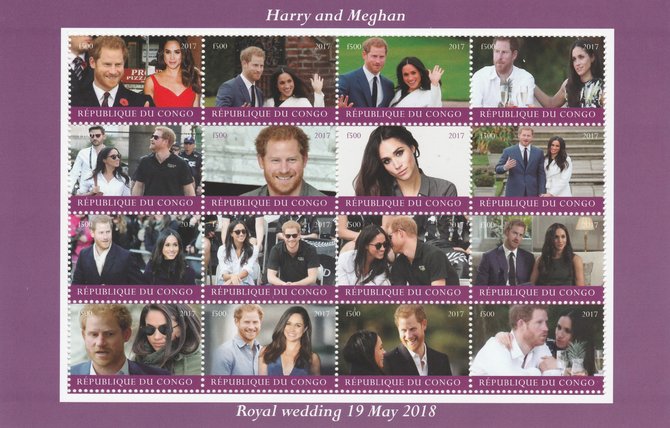 Congo 2017 Prince Harry & Meghan perf sheetlet containing 16 values unmounted mint. Note this item is privately produced and is offered purely on its thematic appeal, stamps on , stamps on  stamps on royalty, stamps on  stamps on meghan, stamps on  stamps on harry