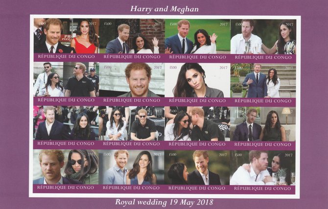 Congo 2017 Prince Harry & Meghan imperf sheetlet containing 16 values unmounted mintNote this item is privately produced and is offered purely on its thematic appeal, it has no postal validity, stamps on , stamps on  stamps on royalty, stamps on  stamps on meghan, stamps on  stamps on harry