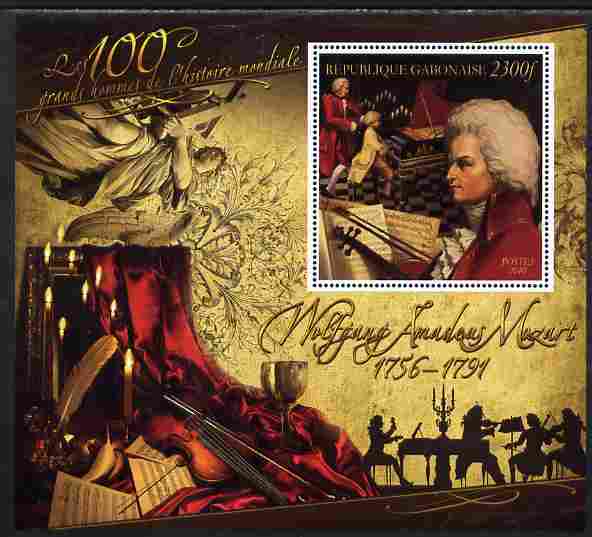 Gabon 2010-12 Greatest Personalities in World History - Wolfganf Amadeus Mozart large perf s/sheet unmounted mint, stamps on , stamps on  stamps on personalities, stamps on  stamps on mozart, stamps on  stamps on music, stamps on  stamps on composers, stamps on  stamps on masonics, stamps on  stamps on masonry